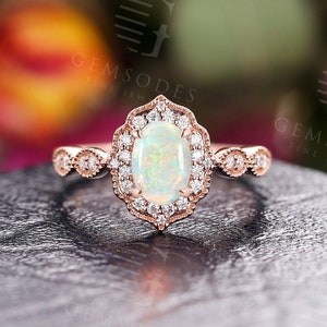 Natural Opal Engagement Ring - Antique Milgrain Rose Gold Diamond Halo Wedding Rings