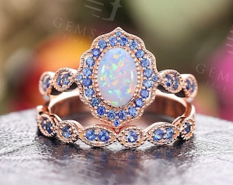 Vintage Oval Opal Engagement Ring Set - Rose Gold Sapphire Halo Half Eternity Bridal Ring