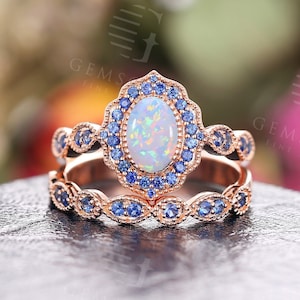 Oval cut Opal Engagement ring set Vintage Rose Gold Natural Sapphire ring Halo Half eternity ring Bridal set Art deco ring Anniversary ring