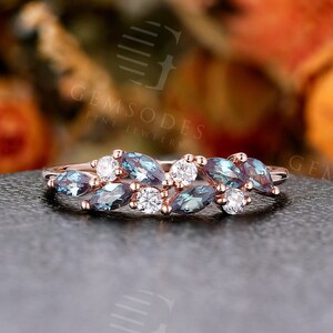 Vintage Marquise cut  Alexandrite Wedding Band | Rose Gold diamond engagement band | Moissanite  prong set band | promise anniversary band