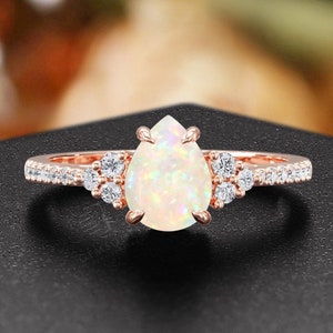 Art Deco Natural Opal Engagement Ring,Rose Gold Pear Shaped Ring,Moissanite Diamond Ring,Half Eternity Ring,Women Anniversary Promise Ring