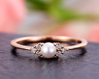 Art deco Akoya Pearl engagement ring Rose Gold Diamond Wedding Women Unique Bridal Simple Minimalist Promise Ring Anniversary ring