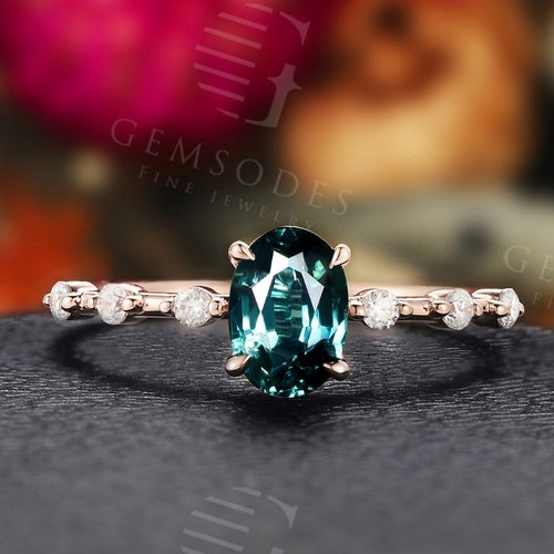 Teal Sapphire Engagement Ring Vintage Rose Gold Ring Antique - Etsy