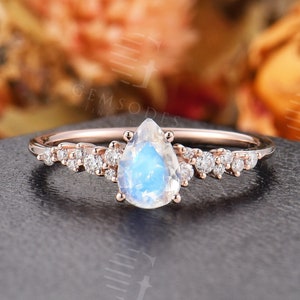 Moonstone Engagement Ring | Art Deco Pear shaped| Rose Gold Cluster Wedding Ring|Unique Diamond Bridal Ring| Anniversary Gift for Women