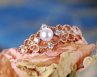 Pearl engagement ring vintage Rose gold Unique engagement ring Women Flower Diamond Wedding Bridal Set Milgrain Anniversary ring