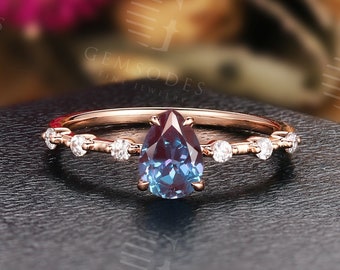 Vintage Alexandrite Engagement Ring | Art deco Rose Gold Wedding Ring | Antique Pear Cut Bridal Ring | Promise Anniversary Promise Ring