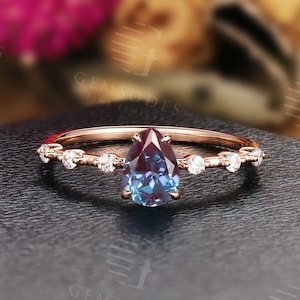 Vintage Alexandrite Engagement Ring | Art deco Rose Gold Wedding Ring | Antique Pear Cut Bridal Ring | Promise Anniversary Promise Ring