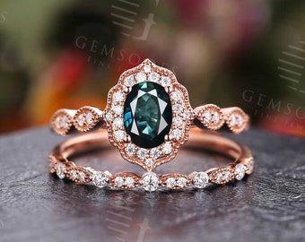 Teal Sapphire Engagement ring set Vintage Rose Gold Oval cut Moissanite Diamond Halo ring Antique Milgrain Bridal set Anniversary ring set