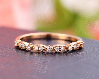 Rose Gold Wedding Band Women Vintage Diamond Art deco Bridal Set Jewelry Unique Stacking Matching Band Promise Anniversary ring