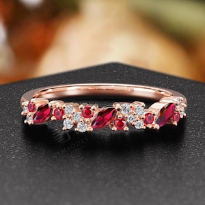 Vintage Ruby Wedding Band,14K Rose Gold Marquise&Round Cut Eternity Ring,Unique Stacking Bridal Jewelry,Dainty Women&#39;s Anniversary Ring