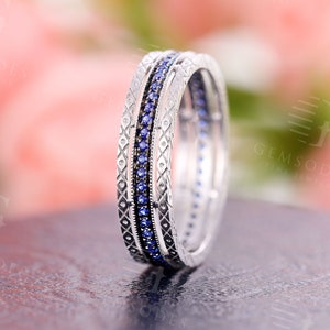 Vintage Sapphire Wedding Band,Unique White Gold Sapphire Ring For Women Men,Milgrain Eternity Bridal Ring,Antique Anniversary Promise Ring