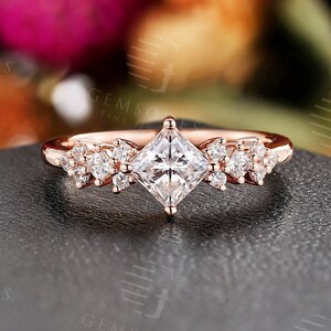 Art Deco Moissanite Engagement Ring,Delicate Princess Cut Rose Gold Cluster Ring,Unique Diamond Ring,Anniversary Promise Ring For Women