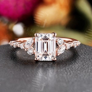 Vintage moissanite engagement ring emerald cut rose gold marquise diamond ring prong set half eternity anniversary promise ring women ring