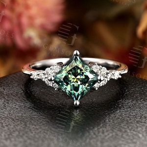 Vintage Moissanite Verlobungsring, Art Deco Princess Cut Weißgold Ehering, Einzigartiger Cluster Brautring, Jubiläumsversprechen Ring