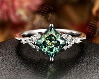 Vintage Green Moissanite Engagement Ring,Art Deco Princess Cut White Gold Wedding Ring,Unique Cluster Bridal Ring,Anniversary Promise Ring