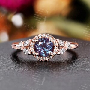 Vintage lab alexandrite engagement ring rose gold halo diamond ring unique marquise moissanite ring prong set round anniversary promise ring