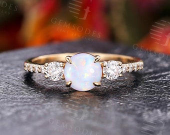 Lab Opal Engagement Ring Rose Gold Diamond Wedding Antique Vintage engagement ring half eternity Bridal antique Anniversary ring