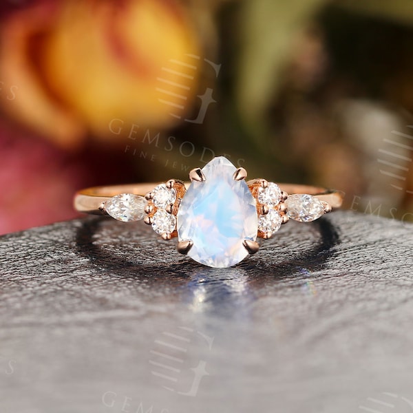 Pear shaped moonstone engagement ring Vintage rose gold ring |Unique cluster diamond ring Art deco engagement ring | Anniversary ring