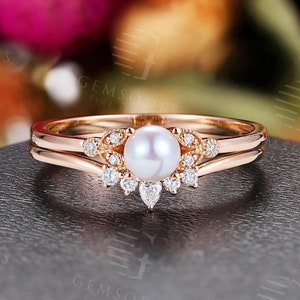 Akoya Pearl Engagement ring set Rose Gold ring Bridal Diamond Moissanite ring Curved Wedding band Art deco ring Anniversary ring set