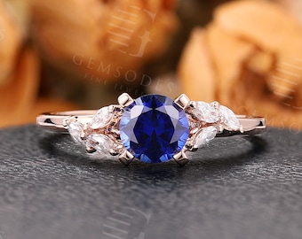 Vintage Royal Blue Sapphire engagement ring Cluster Rose gold ring Antique moissanite wedding ring Art deco Promise Anniversary ring