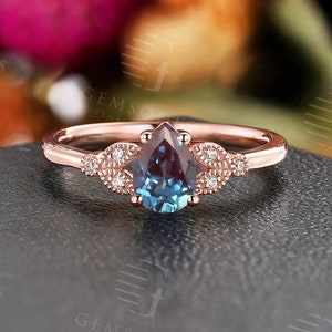 Vintage lab alexandrite engagement ring pear shaped rose gold milgrian diamond ring unique nature leaf ring anniversary promise bridal ring