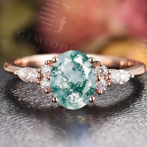 Pear Cut Moss Agate Engagement Ring Rose Gold Wedding Ring - Etsy