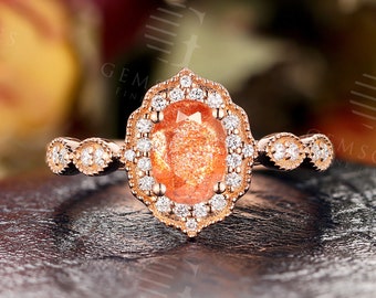 Vintage Oval Cut Africa Sunstone Engagement Ring Rose Gold wedding ring Art Deco Moissanite Ring Halo Diamond ring Milgrain ring