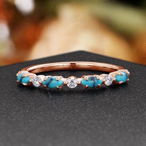 Marquise Blue Matrix Turquoise Wedding Ring,Vintage Rose Gold Moissanite Ring,Stackable Matching Ring,Anniversary Promise Ring For Women