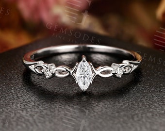 Vintage Moissanite Engagement Ring White Gold Women Unique Marquise cut Simple Ring Art deco Bridal set Diamond Anniversary ring
