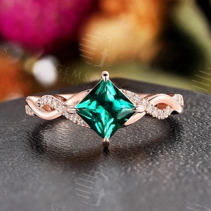 Vintage lab emerald engagement ring princess cut rose gold diamond twisted ring art deco unique moissanite ring anniversary promise ring