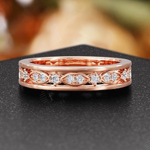 Unique Moissanite Wedding Band,Vintage Milgrain Eternity Ring,Round Cut Moissanite Bridal Band for Women,Antique Anniversary Promise Ring