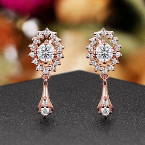 Unique Moissanite Dangle Earrings,Vintage Halo Drop Earrings,Charming Rose Gold Wedding Stud Earring,Elegant Jewelry for Women Everyday Wear