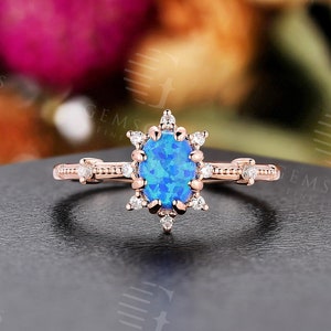 Vintage oval shape lab opal engagement ring round shape diamond ring rose gold ring unique milgrain ring anniversary promise bridal ring