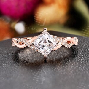 Vintage moissanite engagement ring princess cut rose gold twisted ring women art deco handmade diamond ring anniversary promise bridal ring