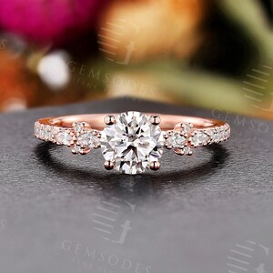 Art deco moissanite engagement ring women rose gold marquise diamond ring unique half eternity pave ring round anniversary promise ring