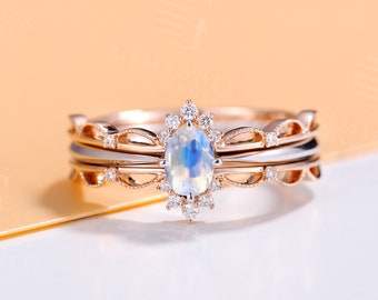 Moonstone engagement ring set rose gold Women, 3pcs art deco diamond bridal set, vintage wedding ring, promise ring Anniversary ring