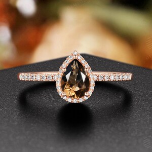Unique Smoky Quartz Engagement Ring,Vintage Pear Cut Rose Gold Ring,Art Deco Moissanite Halo Half Eternity Ring,Anniversary Promise Ring