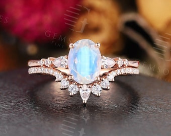 Vintage Moonstone Bridal Set, Rose Gold Ring Unique Moissanite Engagement Ring, Art deco Oval Wedding Ring, Promise Anniversary Bridal Ring