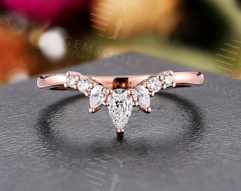 Unique Moissanite Curved Wedding Band,Rose Gold Custom Contour Ring,Art Deco Matching Stacking Band,Handmade Anniversary Promise Bridal Band
