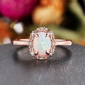 Vintage Weißer Opalring Verlobungsring Damen Rosegold Diamant Ring Unikat filigran Ringe Handmade Ring Ring oval oval Versprechen Ring