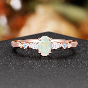 Minimalist White Opal Engagement Ring,Rose Gold Wedding Band,Unique Oval Opal Ring,Delicate Moonstone Bridal Ring,Promise Ring for Women