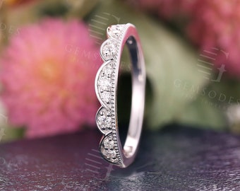 Vintage Moissanite Wedding band white gold women Unique Diamond wedding band vintage milgrain bridal ring Antique anniversary ring