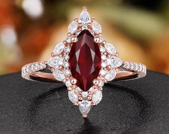 Vintage Marquise Ruby Engagement Ring,Victorian Rose Gold Sparkling Moissanite Halo Bridal Ring
