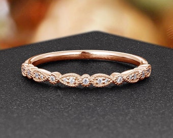 Antique Natural Diamond Wedding Band,Vintage Milgrain Ring,Rose Gold Promise Ring,Unique Stackable Matching Ring,Anniversary Ring For Women