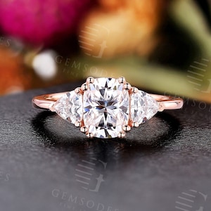 Cushion moissanite engagement ring rose gold three stones ring unique trillion moissanite ring prong set anniversary promise bridal ring