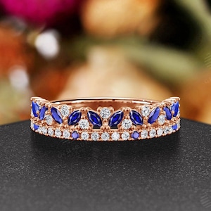 Vintage Sapphire Wedding Band,Rose Gold Moissanite Ring,Unique Marquise Sapphire Half Eternity Band,Elegant Anniversary Ring for Women