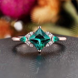 Vintage lab emerald engagement ring  princess cut rose gold art deco diamond ring unique pear emerald cluster ring anniversary promise ring