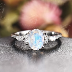 Oval Cut Moonstone engagement ring, vintage white gold unique Cluster engagement ring, Marquise cut diamond wedding ring, Bridal ring