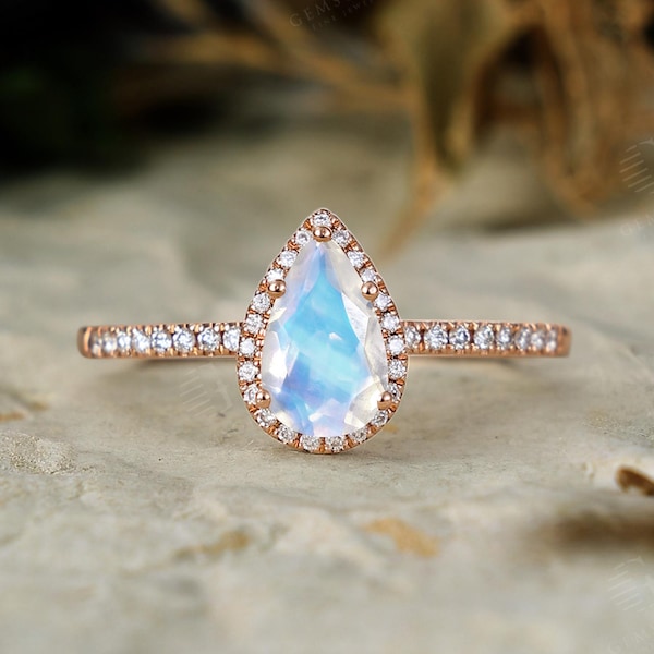 Unique Moonstone Engagement Ring,Vintage Pear Shape Halo Moissanite&Diamond Ring,Women Rose Gold Milgrain Ring,Art Deco Bridal Promise Ring