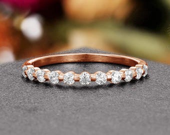 Moissanite Wedding Band,Women Rose Gold Diamond Stacking Matching Bridal Ring,Delicate Half Eternity Ring,Unique Promise Anniversary Ring